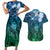 Pacific Beauty Girl Couples Matching Short Sleeve Bodycon Dress and Hawaiian Shirt Blue Polyneisan Tribal Vintage Motif