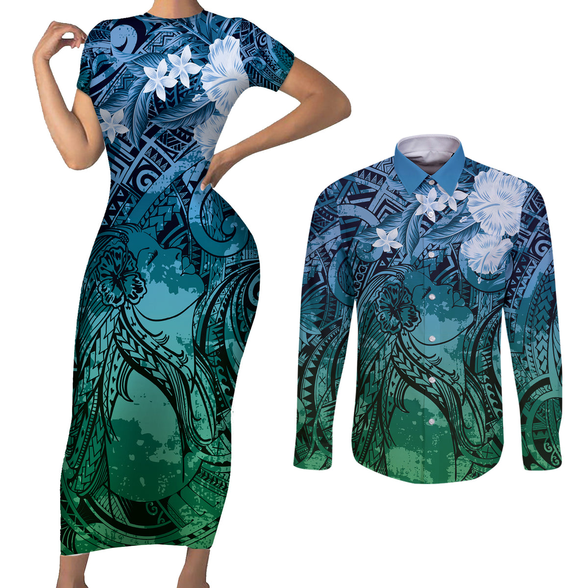 Pacific Beauty Girl Couples Matching Short Sleeve Bodycon Dress and Long Sleeve Button Shirt Blue Polyneisan Tribal Vintage Motif