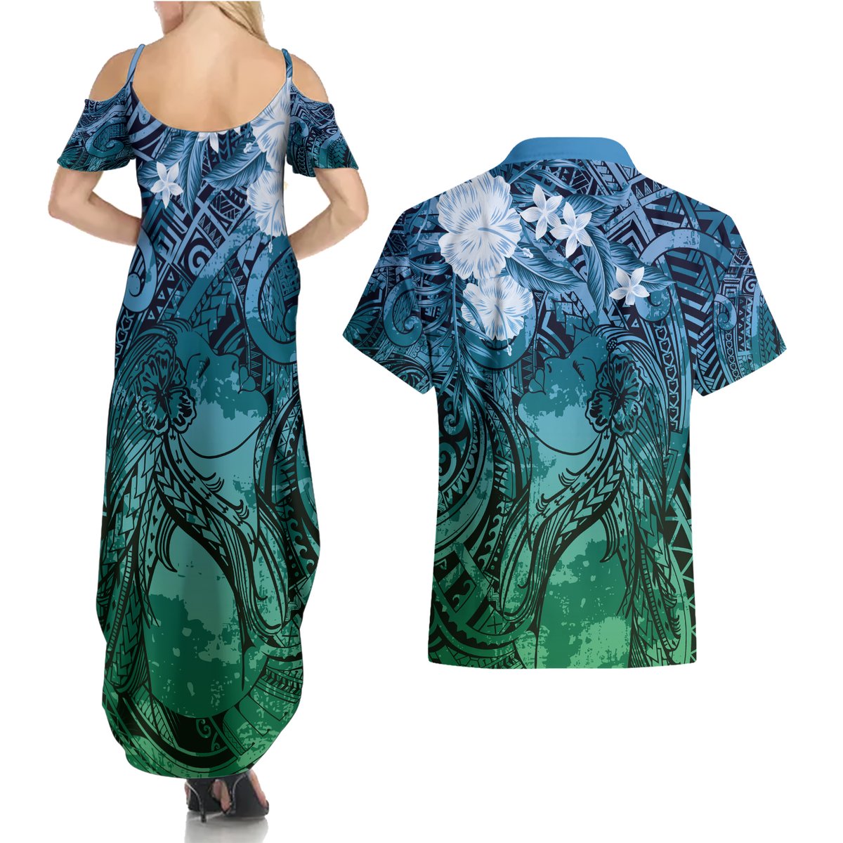 Pacific Beauty Girl Couples Matching Summer Maxi Dress and Hawaiian Shirt Blue Polyneisan Tribal Vintage Motif