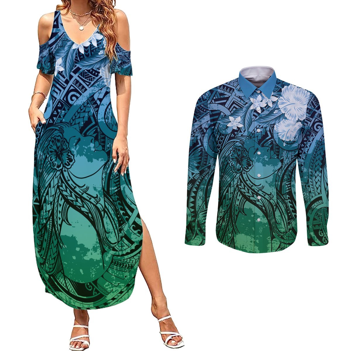 Pacific Beauty Girl Couples Matching Summer Maxi Dress and Long Sleeve Button Shirt Blue Polyneisan Tribal Vintage Motif LT9 Blue - Polynesian Pride