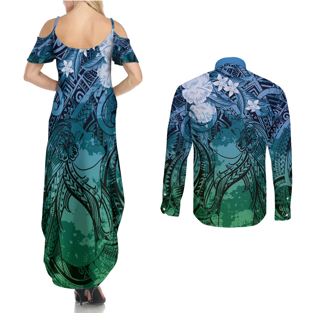 Pacific Beauty Girl Couples Matching Summer Maxi Dress and Long Sleeve Button Shirt Blue Polyneisan Tribal Vintage Motif