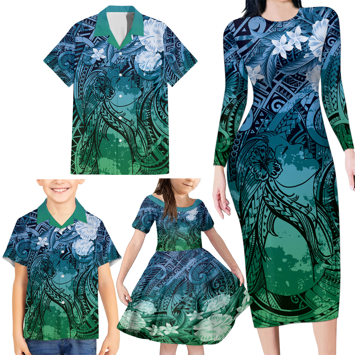 Pacific Beauty Girl Family Matching Long Sleeve Bodycon Dress and Hawaiian Shirt Blue Polyneisan Tribal Vintage Motif