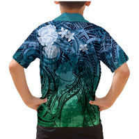 Pacific Beauty Girl Family Matching Mermaid Dress and Hawaiian Shirt Blue Polyneisan Tribal Vintage Motif