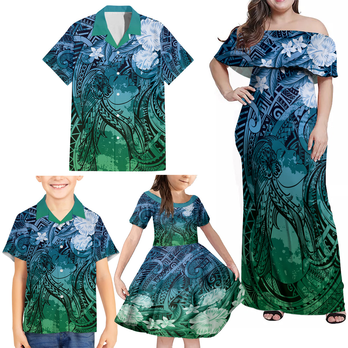 Pacific Beauty Girl Family Matching Off Shoulder Maxi Dress and Hawaiian Shirt Blue Polyneisan Tribal Vintage Motif