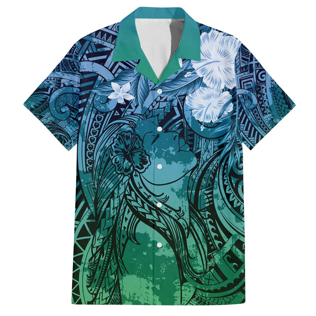 Pacific Beauty Girl Family Matching Off Shoulder Maxi Dress and Hawaiian Shirt Blue Polyneisan Tribal Vintage Motif