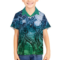 Pacific Beauty Girl Family Matching Off Shoulder Maxi Dress and Hawaiian Shirt Blue Polyneisan Tribal Vintage Motif