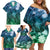 Pacific Beauty Girl Family Matching Off Shoulder Short Dress and Hawaiian Shirt Blue Polyneisan Tribal Vintage Motif