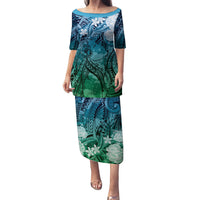 Pacific Beauty Girl Family Matching Puletasi and Hawaiian Shirt Blue Polyneisan Tribal Vintage Motif