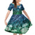 Pacific Beauty Girl Family Matching Short Sleeve Bodycon Dress and Hawaiian Shirt Blue Polyneisan Tribal Vintage Motif