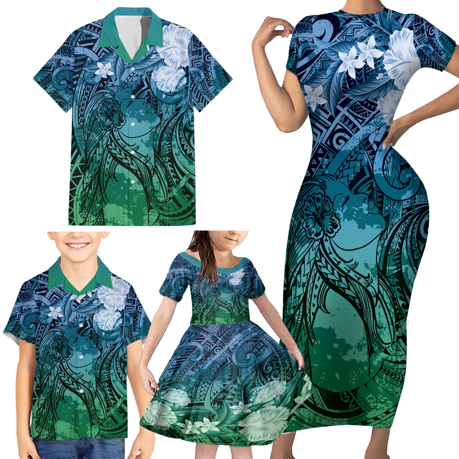 Pacific Beauty Girl Family Matching Short Sleeve Bodycon Dress and Hawaiian Shirt Blue Polyneisan Tribal Vintage Motif