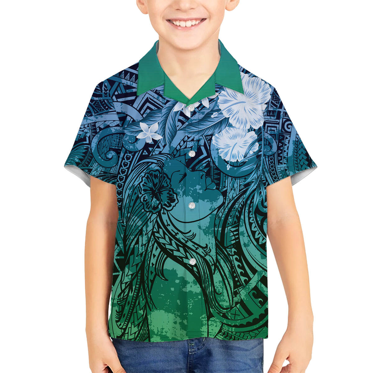 Pacific Beauty Girl Family Matching Short Sleeve Bodycon Dress and Hawaiian Shirt Blue Polyneisan Tribal Vintage Motif