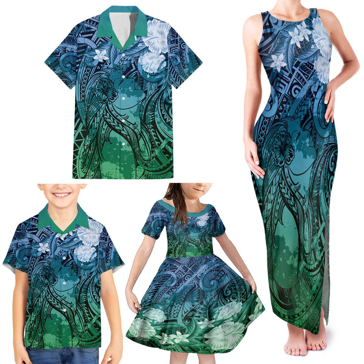 Pacific Beauty Girl Family Matching Tank Maxi Dress and Hawaiian Shirt Blue Polyneisan Tribal Vintage Motif