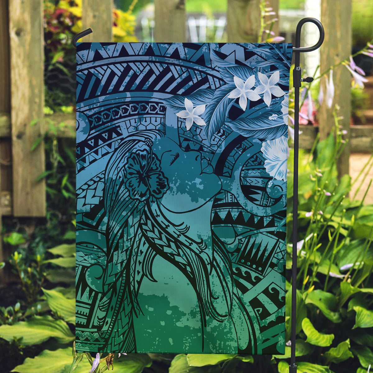 Pacific Beauty Girl Garden Flag Blue Polyneisan Tribal Vintage Motif LT9 Garden Flag Blue - Polynesian Pride