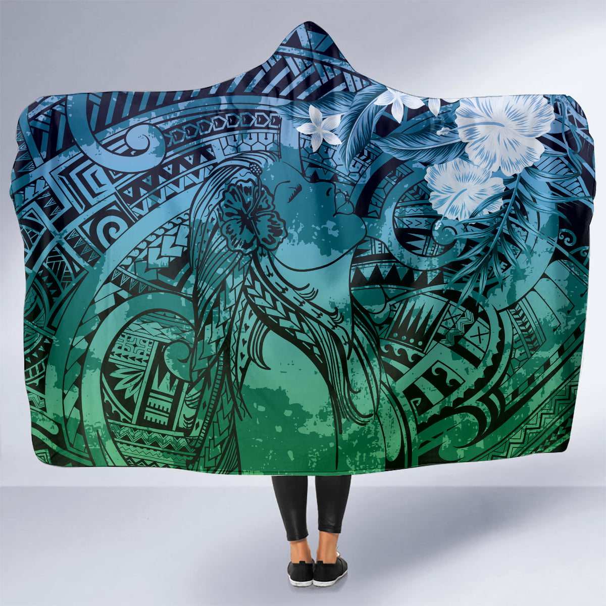 Pacific Beauty Girl Hooded Blanket Blue Polyneisan Tribal Vintage Motif LT9 - Polynesian Pride
