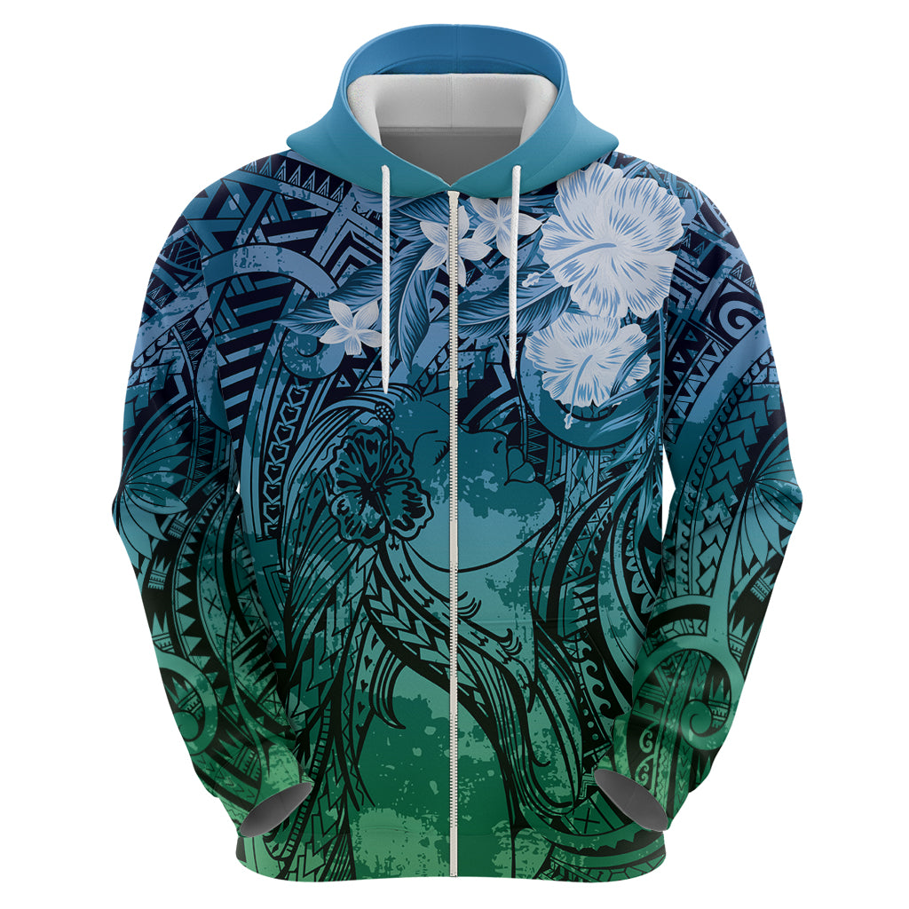 Pacific Beauty Girl Hoodie Blue Polyneisan Tribal Vintage Motif
