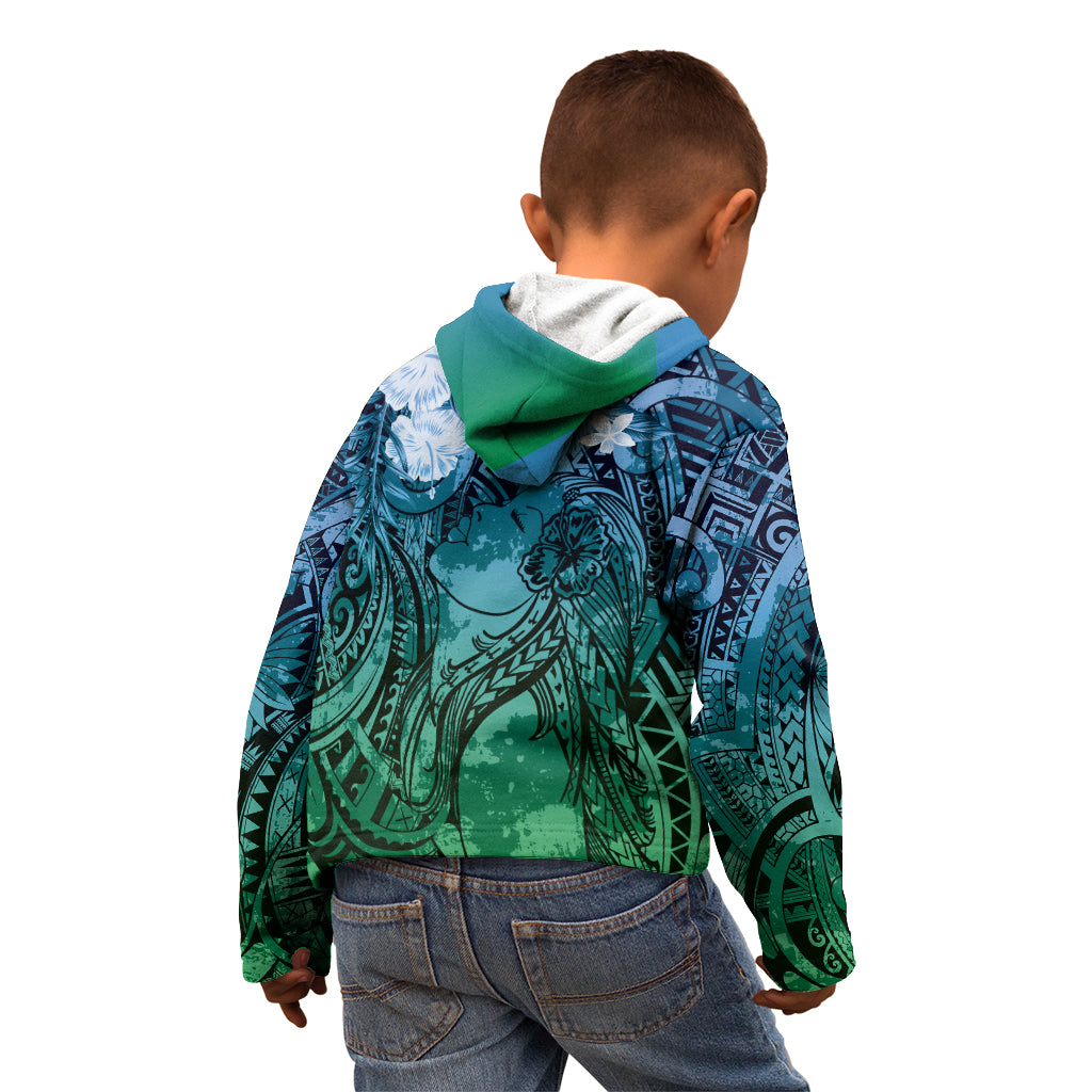 Pacific Beauty Girl Kid Hoodie Blue Polyneisan Tribal Vintage Motif