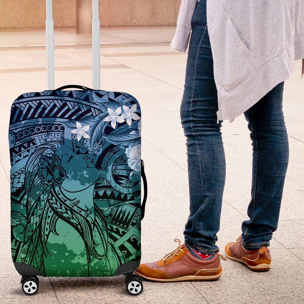 Pacific Beauty Girl Luggage Cover Blue Polyneisan Tribal Vintage Motif