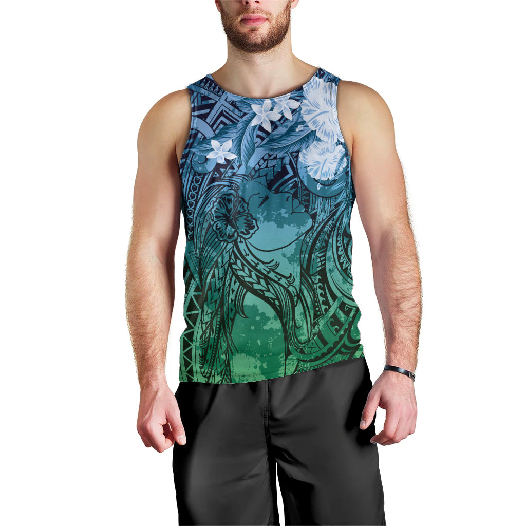 Pacific Beauty Girl Men Tank Top Blue Polyneisan Tribal Vintage Motif LT9 - Polynesian Pride