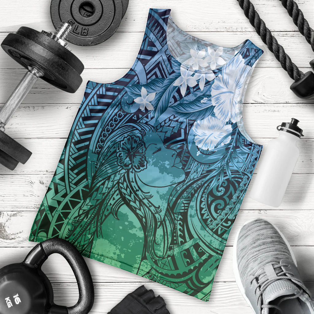 Pacific Beauty Girl Men Tank Top Blue Polyneisan Tribal Vintage Motif LT9 - Polynesian Pride
