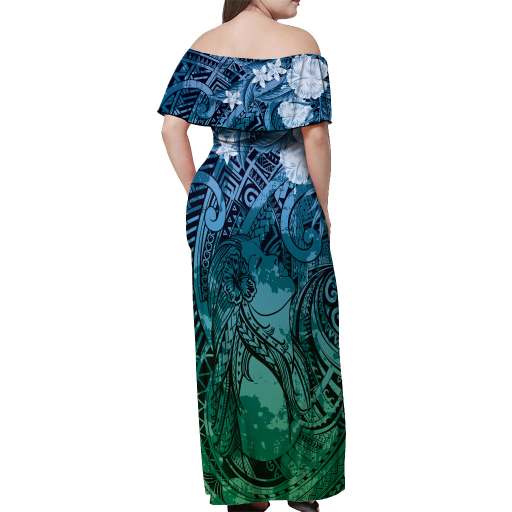 Pacific Beauty Girl Off Shoulder Maxi Dress Blue Polyneisan Tribal Vintage Motif