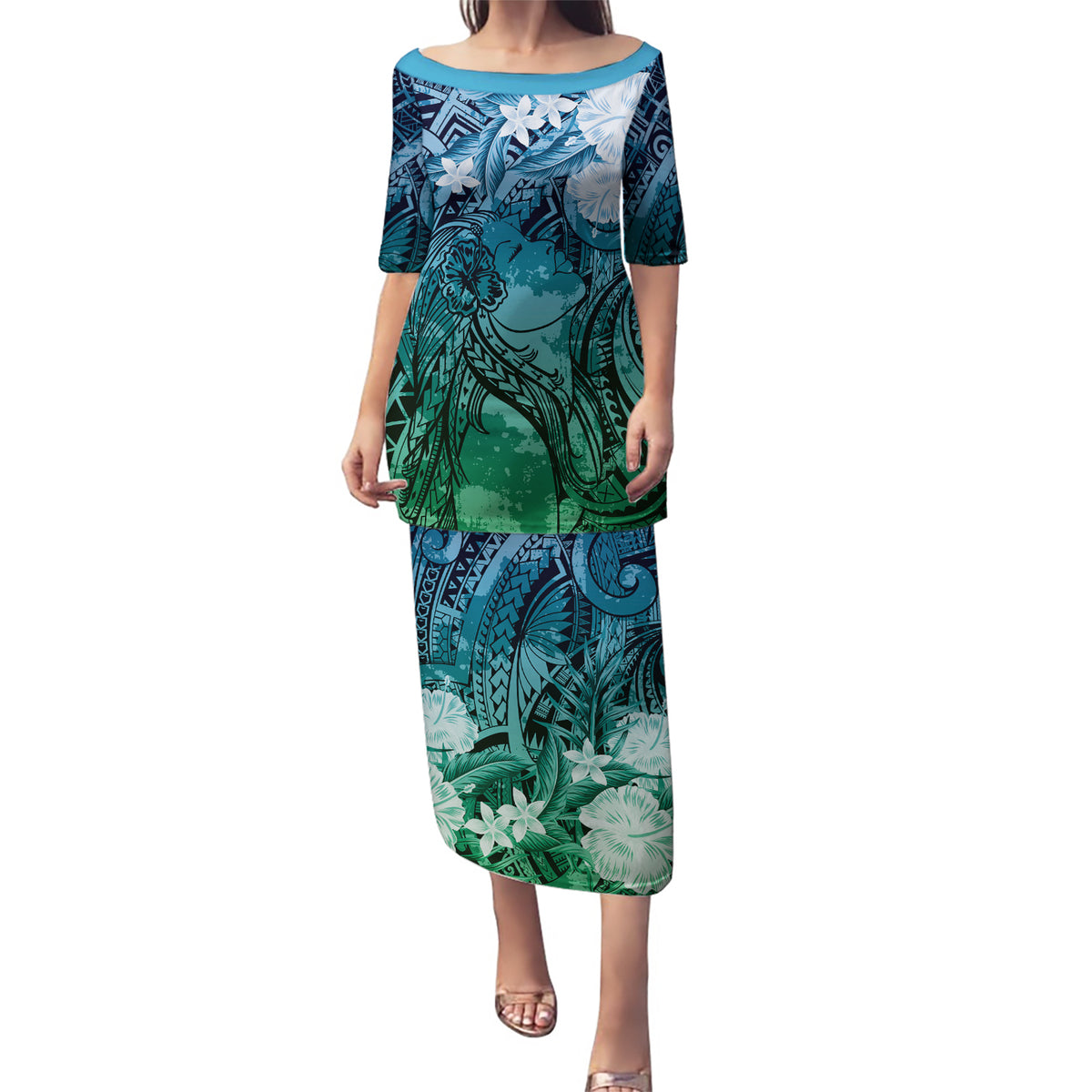 Pacific Beauty Girl Puletasi Blue Polyneisan Tribal Vintage Motif LT9 Long Dress Blue - Polynesian Pride