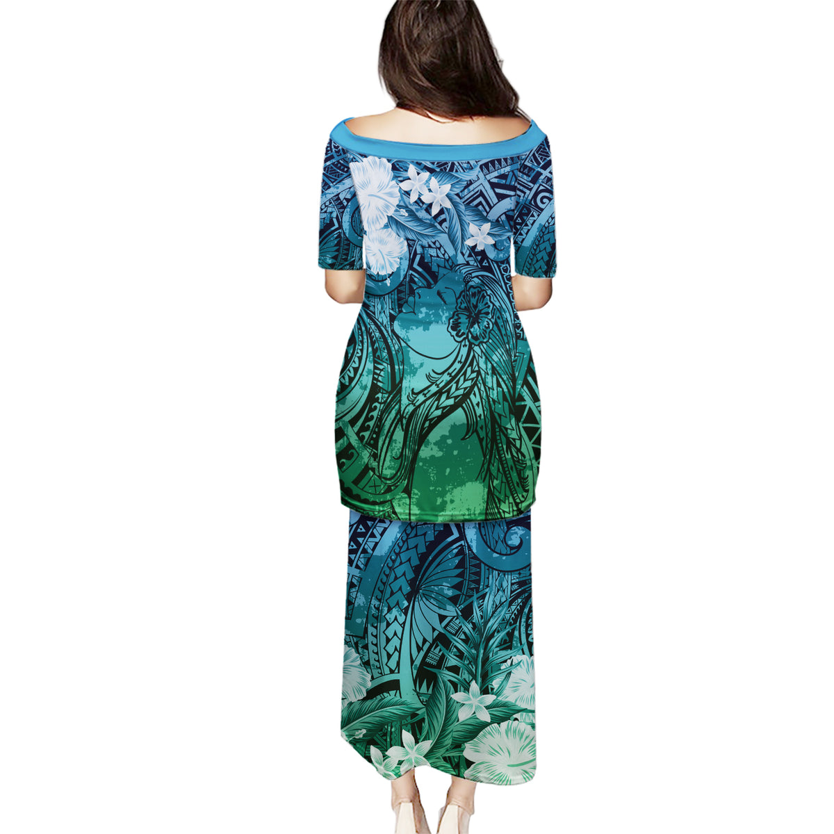 Pacific Beauty Girl Puletasi Blue Polyneisan Tribal Vintage Motif LT9 - Polynesian Pride
