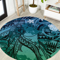 Pacific Beauty Girl Round Carpet Blue Polyneisan Tribal Vintage Motif