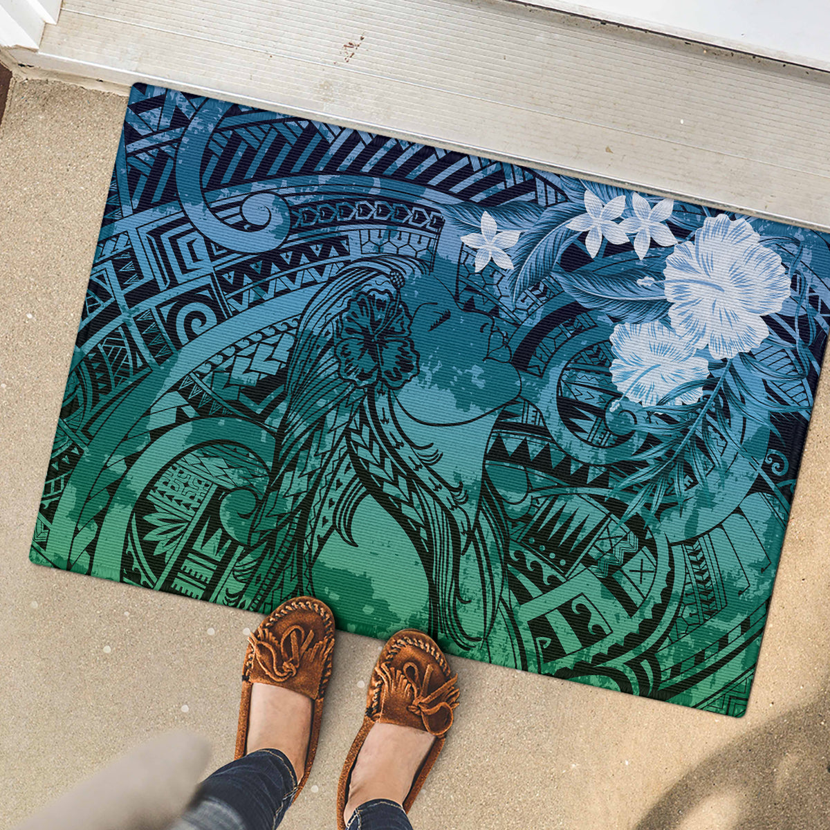 Pacific Beauty Girl Rubber Doormat Blue Polyneisan Tribal Vintage Motif LT9 - Polynesian Pride