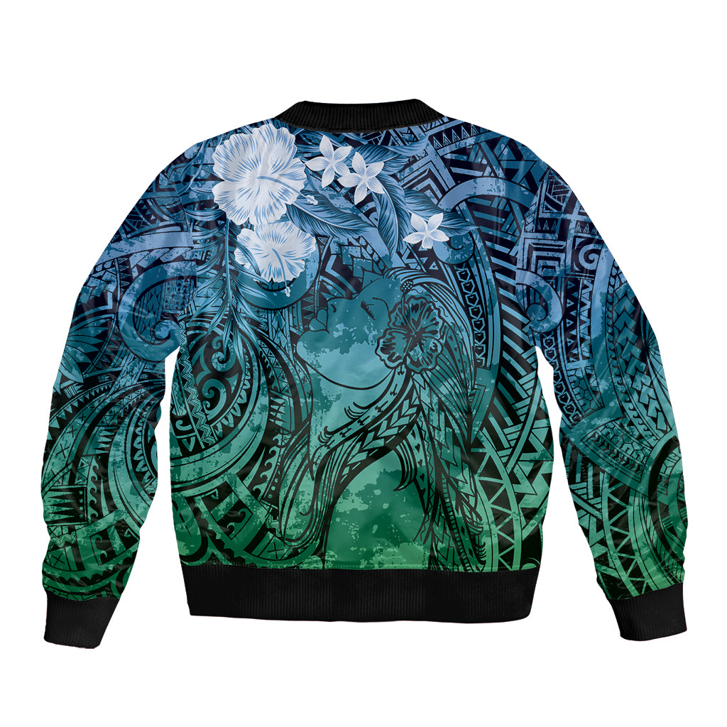 Pacific Beauty Girl Sleeve Zip Bomber Jacket Blue Polyneisan Tribal Vintage Motif LT9 - Polynesian Pride