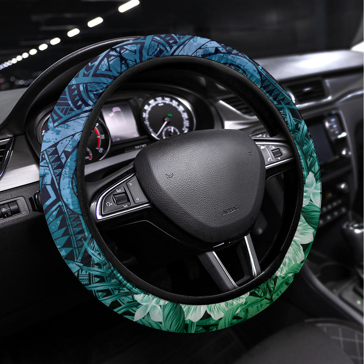 Pacific Beauty Girl Steering Wheel Cover Blue Polyneisan Tribal Vintage Motif LT9 Universal Fit Blue - Polynesian Pride