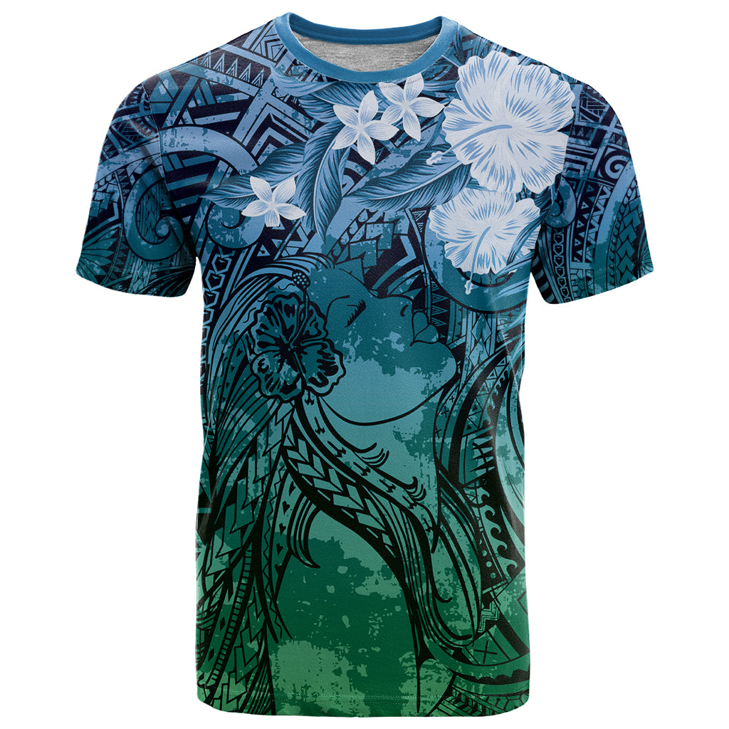 Pacific Beauty Girl T Shirt Blue Polyneisan Tribal Vintage Motif