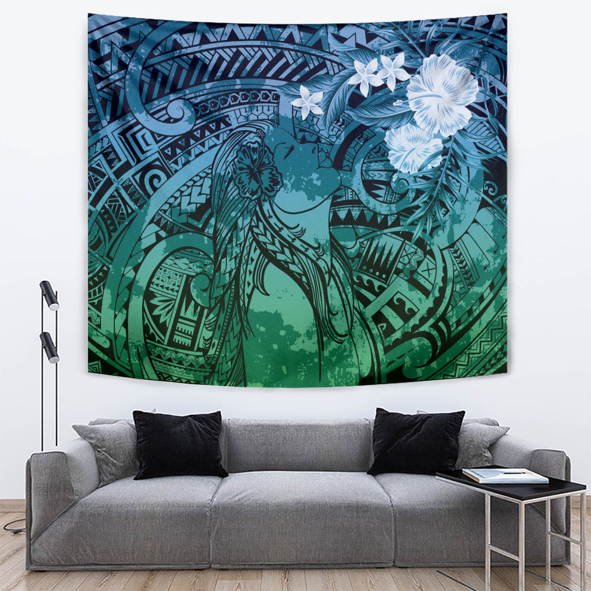 Pacific Beauty Girl Tapestry Blue Polyneisan Tribal Vintage Motif LT9 Blue - Polynesian Pride