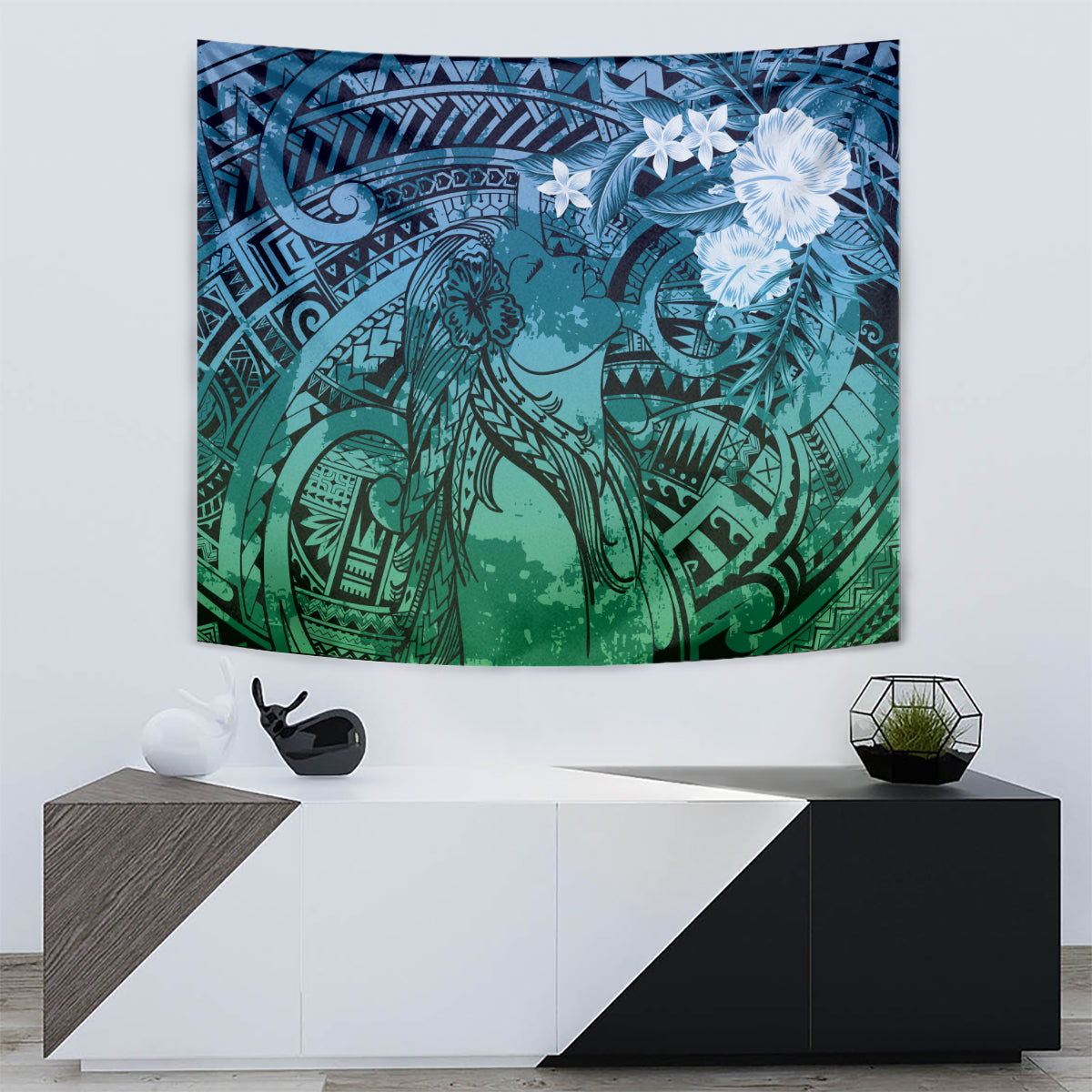 Pacific Beauty Girl Tapestry Blue Polyneisan Tribal Vintage Motif LT9 - Polynesian Pride