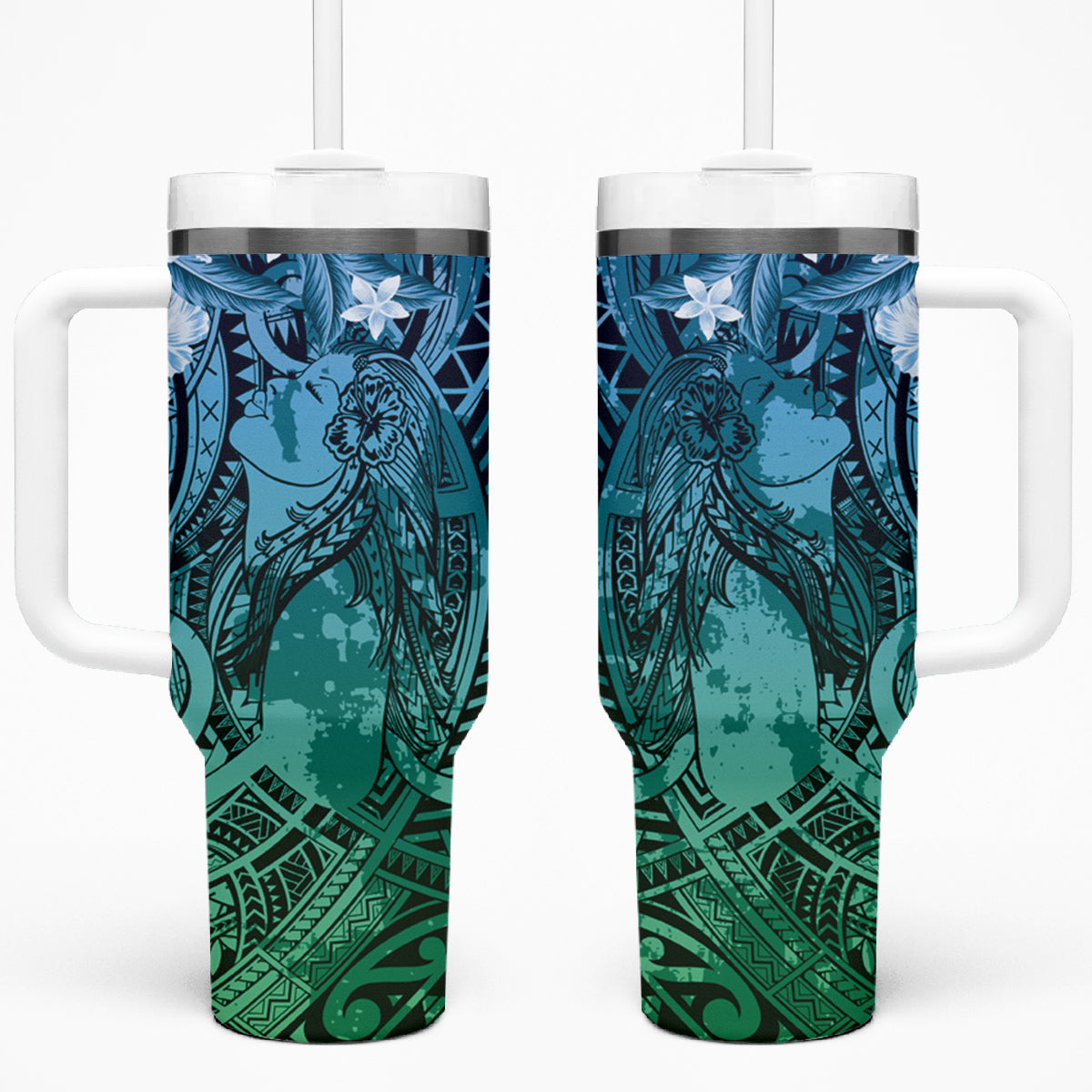 Pacific Beauty Girl Tumbler With Handle Blue Polyneisan Tribal Vintage Motif