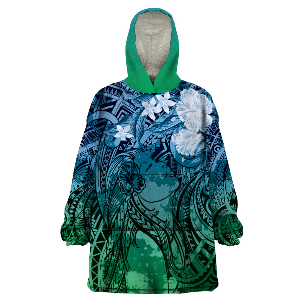 Pacific Beauty Girl Wearable Blanket Hoodie Blue Polyneisan Tribal Vintage Motif