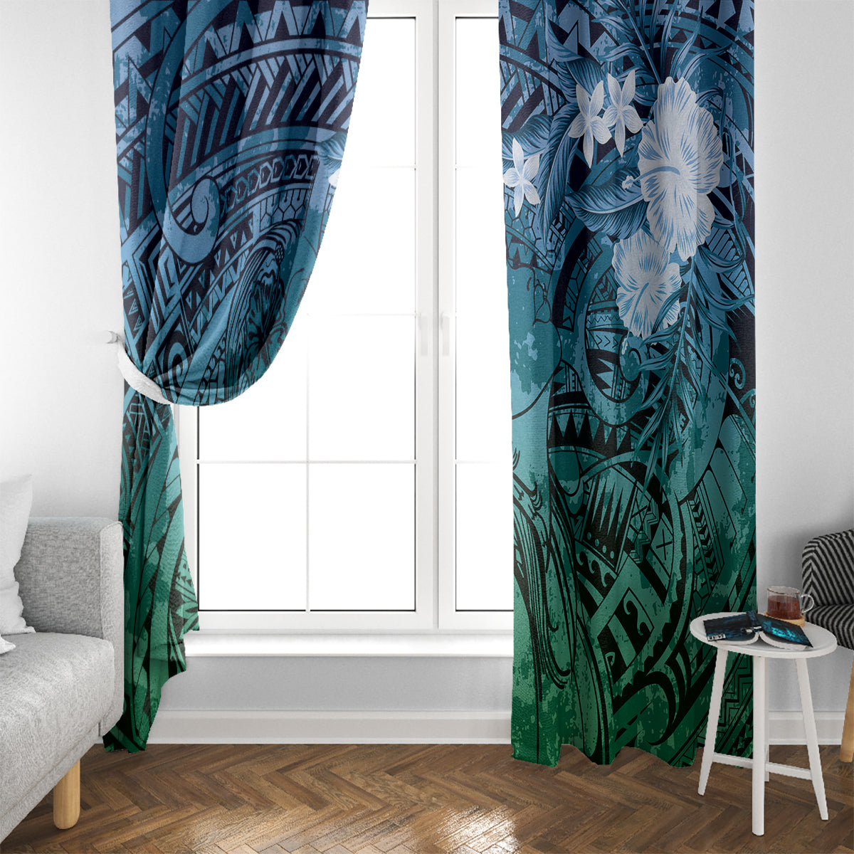 Pacific Beauty Girl Window Curtain Blue Polyneisan Tribal Vintage Motif LT9 - Polynesian Pride