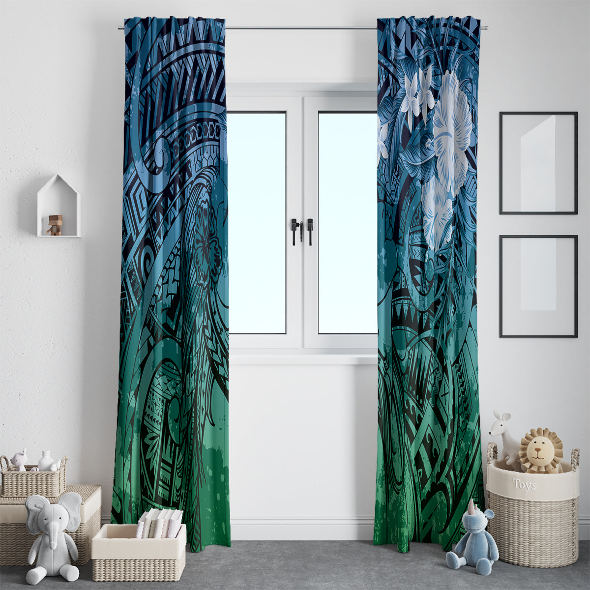 Pacific Beauty Girl Window Curtain Blue Polyneisan Tribal Vintage Motif LT9 - Polynesian Pride