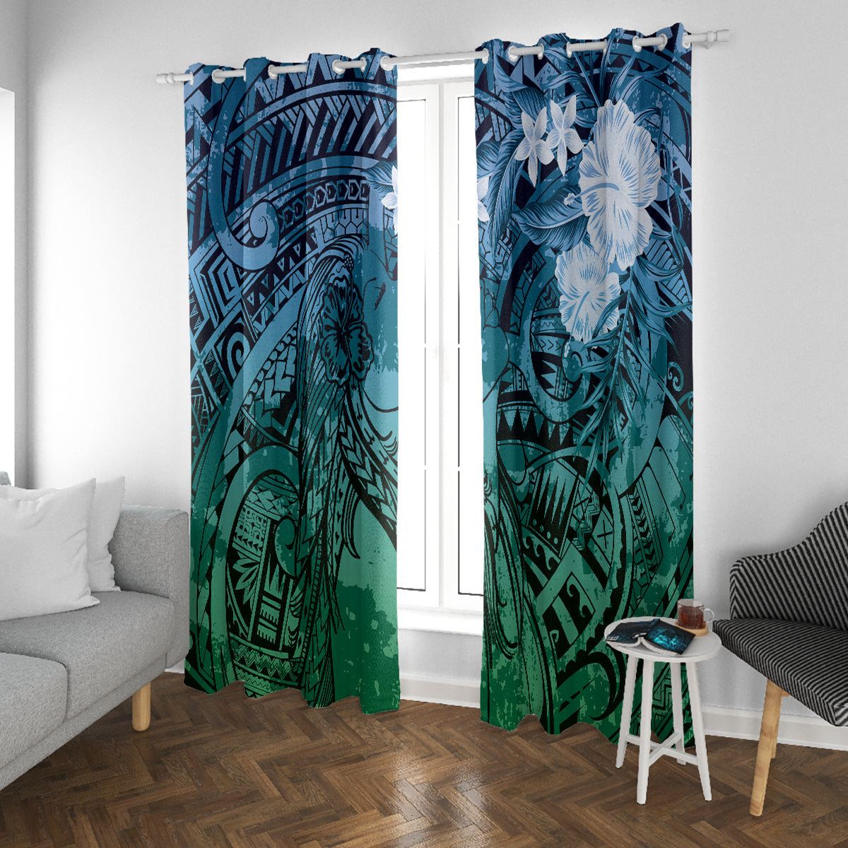 Pacific Beauty Girl Window Curtain Blue Polyneisan Tribal Vintage Motif LT9 With Grommets Blue - Polynesian Pride