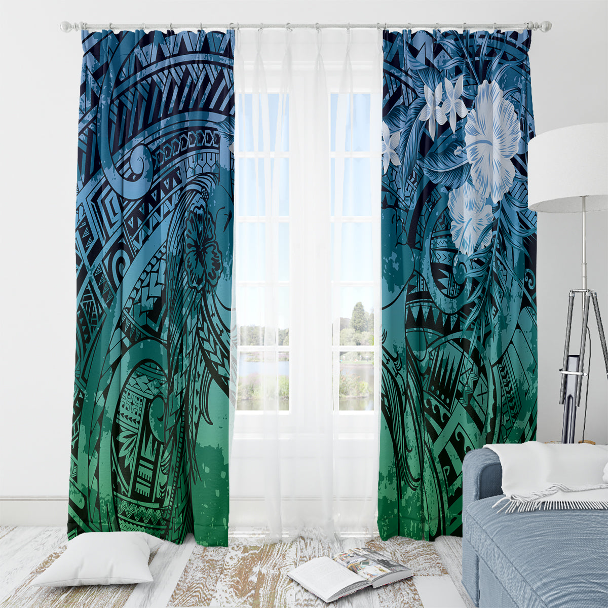 Pacific Beauty Girl Window Curtain Blue Polyneisan Tribal Vintage Motif LT9 - Polynesian Pride