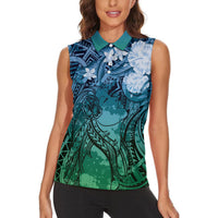 Pacific Beauty Girl Women Sleeveless Polo Shirt Blue Polyneisan Tribal Vintage Motif