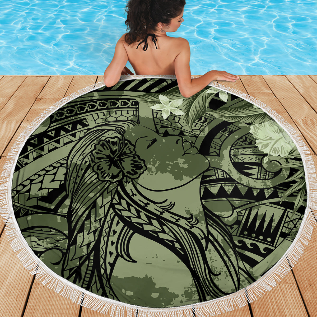 Pacific Beauty Girl Beach Blanket Green Polyneisan Tribal Vintage Motif LT9 - Polynesian Pride