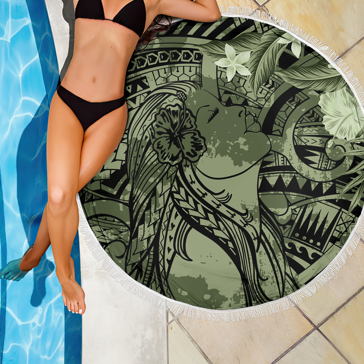 Pacific Beauty Girl Beach Blanket Green Polyneisan Tribal Vintage Motif LT9 - Polynesian Pride