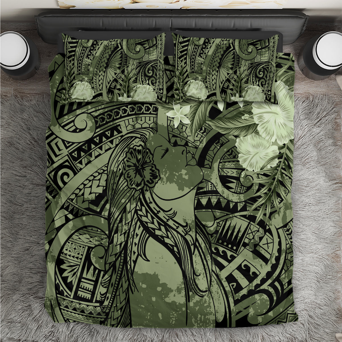 Pacific Beauty Girl Bedding Set Green Polyneisan Tribal Vintage Motif LT9 Green - Polynesian Pride