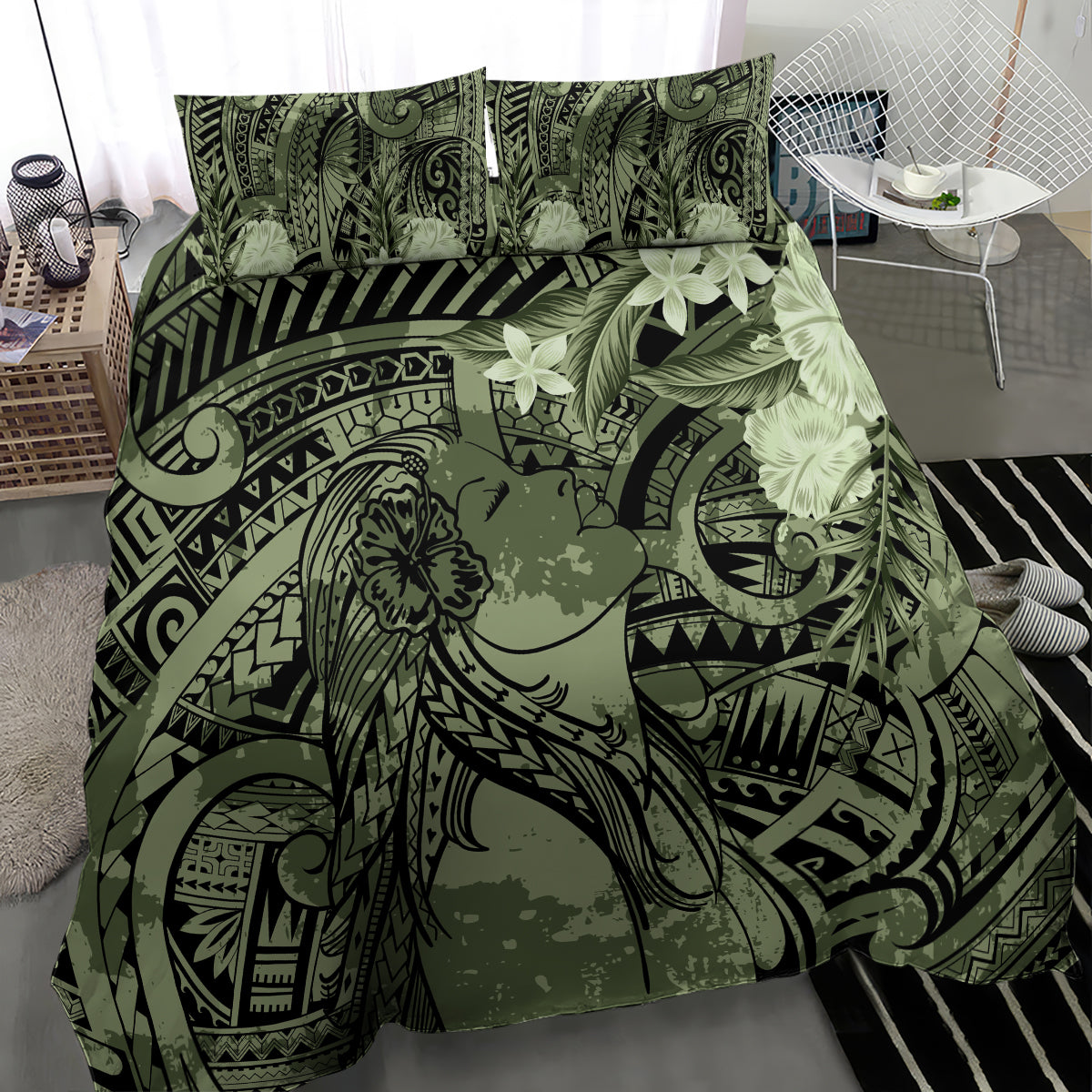 Pacific Beauty Girl Bedding Set Green Polyneisan Tribal Vintage Motif LT9 - Polynesian Pride