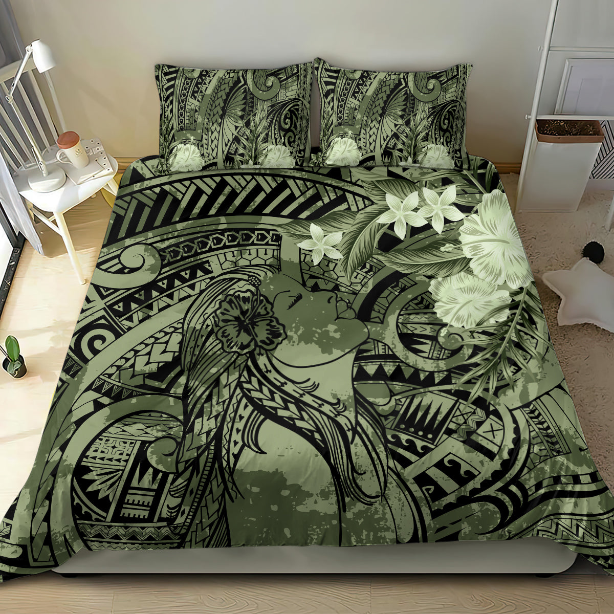Pacific Beauty Girl Bedding Set Green Polyneisan Tribal Vintage Motif LT9 - Polynesian Pride