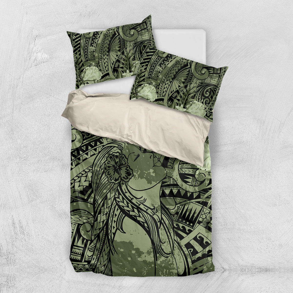 Pacific Beauty Girl Bedding Set Green Polyneisan Tribal Vintage Motif LT9 US Twin 172cm x 218cm Green - Polynesian Pride
