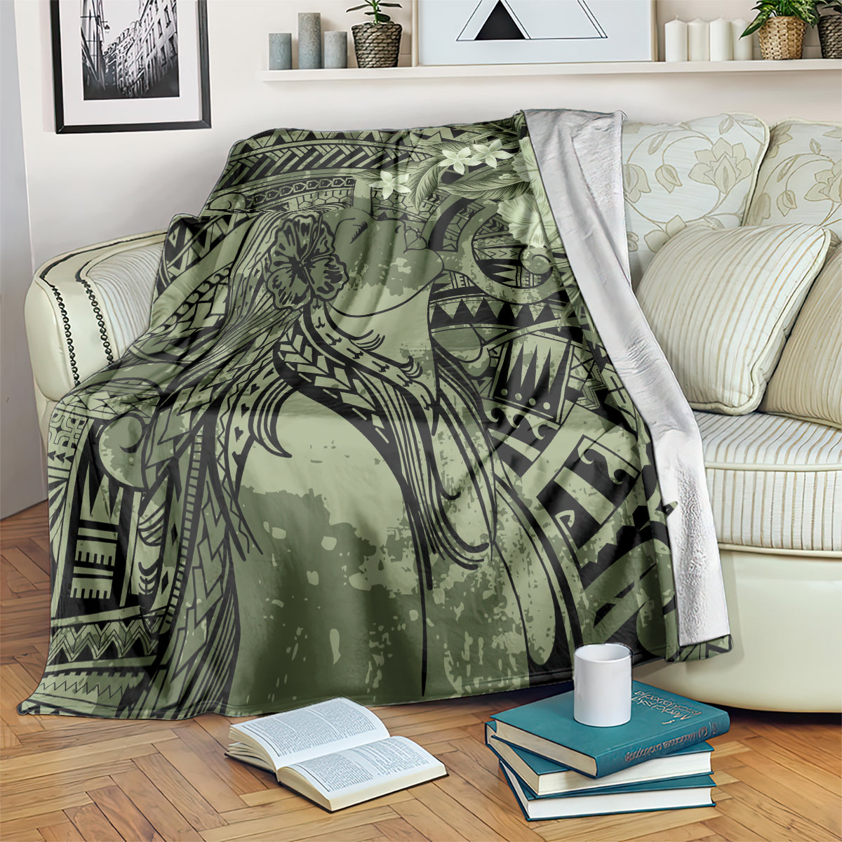 Pacific Beauty Girl Blanket Green Polyneisan Tribal Vintage Motif LT9 Green - Polynesian Pride