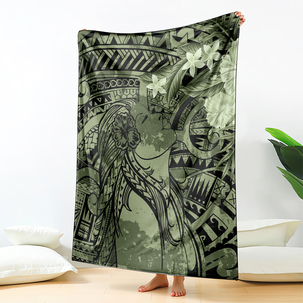Pacific Beauty Girl Blanket Green Polyneisan Tribal Vintage Motif LT9 - Polynesian Pride