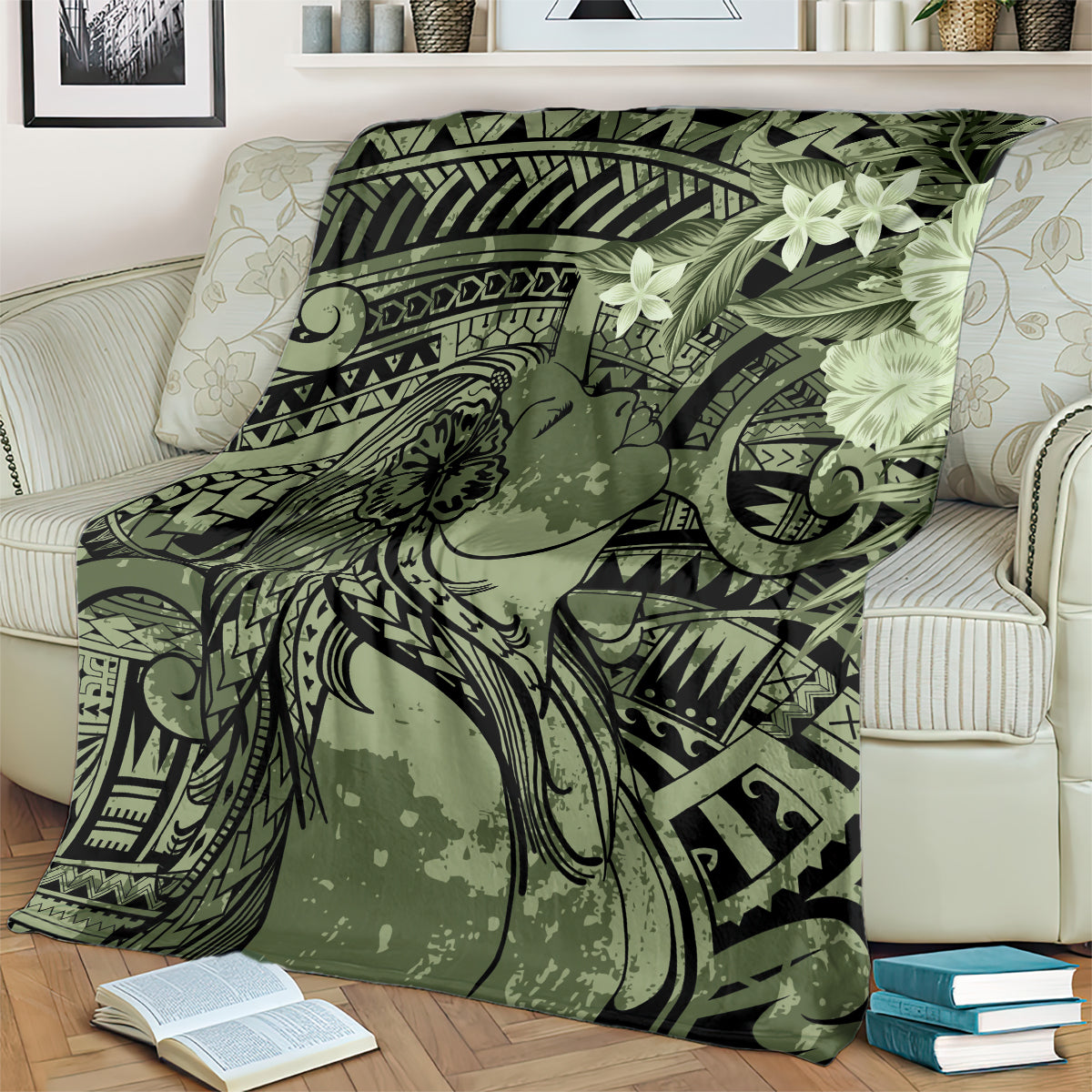 Pacific Beauty Girl Blanket Green Polyneisan Tribal Vintage Motif LT9 - Polynesian Pride