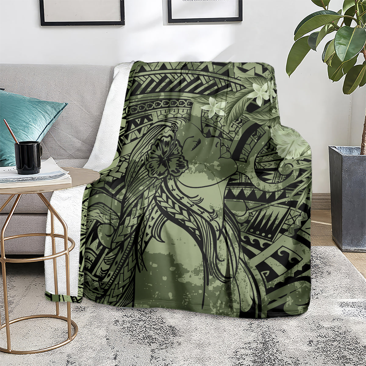 Pacific Beauty Girl Blanket Green Polyneisan Tribal Vintage Motif LT9 - Polynesian Pride